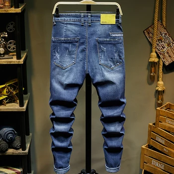 Blugi Barbati Slim Fit Albastru Elasticitatea Primăvara și Toamna Casual Denim Pantaloni Lungi Pantaloni Calitate de Brand de Îmbrăcăminte pentru Bărbați Pantaloni