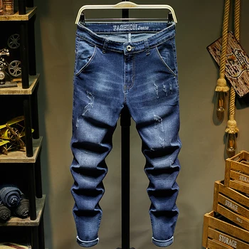 Blugi Barbati Slim Fit Albastru Elasticitatea Primăvara și Toamna Casual Denim Pantaloni Lungi Pantaloni Calitate de Brand de Îmbrăcăminte pentru Bărbați Pantaloni