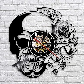 Tatuaj Craniu cu Trandafiri Arta de Perete Ceas de Perete Scheletul Craniului Spini de Trandafiri disc de Vinil Ceas de Perete Gotic Home Decor de Perete Ceas de Ceas