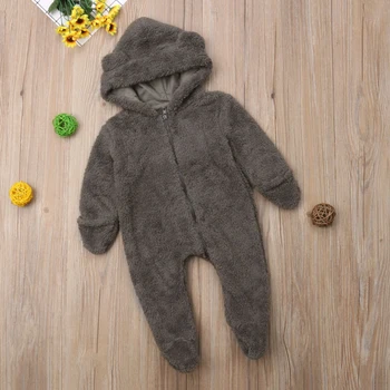 Copil nou-născut Fată Băiat Fuzzy Fleece Pluș Salopete Haine de Iarnă cu Glugă Romper Body, Salopeta Costum 0-24M