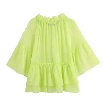 2020 Femei Dulce Lumină Verde De Moda Ciufulit Vedea Prin Bluze Vintage Chic O De Gât Reglabil Legături Jumătate Maneca Topuri Tricouri