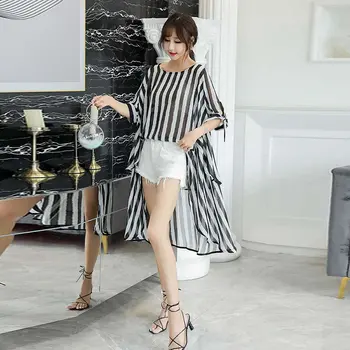 XITAO coreeană Stil Casual cu Dungi Pierde Jumătate Negru Asimetric Șifon Cămașă de Vară 2020 Moda Europa Bluze pentru Femei DMY3994