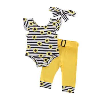 Copil nou-născut Fete 3Pcs Floarea-soarelui de Vară Tinutele Ruffle Sleeve Romper + Pantaloni + Bentita Haine Set 0-12M