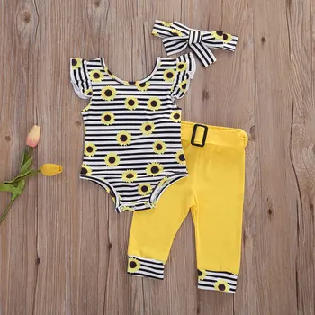 Copil nou-născut Fete 3Pcs Floarea-soarelui de Vară Tinutele Ruffle Sleeve Romper + Pantaloni + Bentita Haine Set 0-12M