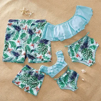 2019 Familie de potrivire haine Potrivite costume de Baie Frunze de Imprimare Beachwear Mama Fiica Bărbați Băieți costume de Baie, pantaloni Scurți de Plajă Pentru Copii Bărbați