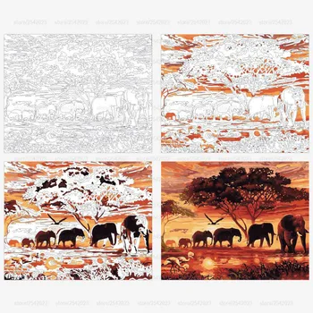 RUOPOTY Elefanți Peisaj DIY Pictură Digitală De Numere de Arta de Perete Moderne Panza Pictura Cadou Unic Pentru Decor Acasă 60x75cm