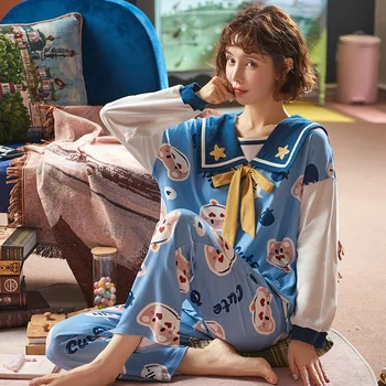 NIGHTWA Toamna Stil de Colegiu pentru Femei din Bumbac Pijama Seturi Bleumarin Guler Maneca Lunga Arc Pijamale Drăguț Minunat Pijamale
