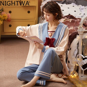 NIGHTWA Toamna Stil de Colegiu pentru Femei din Bumbac Pijama Seturi Bleumarin Guler Maneca Lunga Arc Pijamale Drăguț Minunat Pijamale