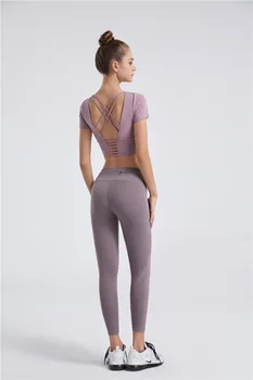 Yoga Tricouri Sexy Backless Trunchiate Top Execută Antrenament Sport pentru Femei T-Shirt de Fitness Poartă Respirabil Maneci Scurte Strânse Moale