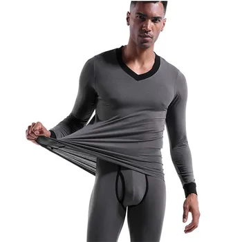 Om de afaceri Sexy V-neck Lenjerie de corp Termice Costume Modal de Calitate pentru Bărbați Moale, Dar Aproape-Montaj Bottom Topuri și Pantaloni Set