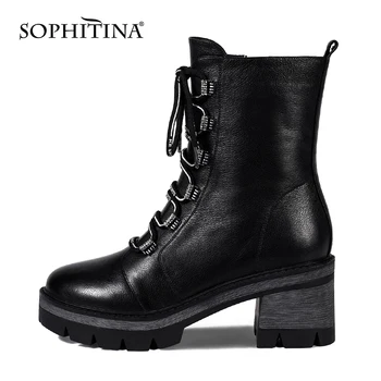 SOPHITINA Moda pentru Femei Pantofi Platforma din Piele Premium Non-Alunecare cu Fermoar Glezna Pantofi Rotund-Deget de la picior Toc Casual, Cizme pentru Femei MO682