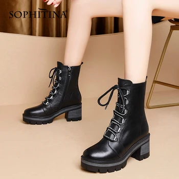 SOPHITINA Moda pentru Femei Pantofi Platforma din Piele Premium Non-Alunecare cu Fermoar Glezna Pantofi Rotund-Deget de la picior Toc Casual, Cizme pentru Femei MO682