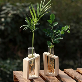 Cristal Eprubetă de Sticlă Vaza in Suport de Lemn pentru Ghivece pentru Plante Hidroponice Acasă Decoratiuni de Gradina