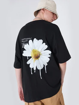 TFETTERS de Vară 2020 Bărbați coreean Tricou Supradimensionat cu Maneci Scurte Daisy Imprimare Vrac bumbac Barbati tricou