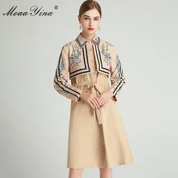 MoaaYina Designer de Moda Canadiană Palton de Toamna Femei cu maneci Lungi cu Margele guler de turn-down circ Print lace-up Palton