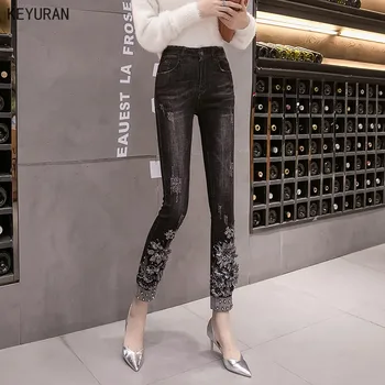 Floare Broderie Cu Mărgele Slab Creion Pantaloni Femei 2020 Primavara-Vara Blugi Denim Doamna Talie Elastic Moda Coreeană Pantaloni Lungi