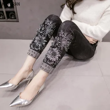 Floare Broderie Cu Mărgele Slab Creion Pantaloni Femei 2020 Primavara-Vara Blugi Denim Doamna Talie Elastic Moda Coreeană Pantaloni Lungi