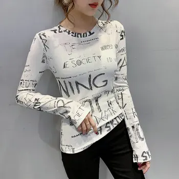 Toamna Tricou Femei Haine cu Maneca Lunga coreean Vintage Slim Alb Print T shirt Femei Topuri Elastic Casual Negru Tricou Nou 2020