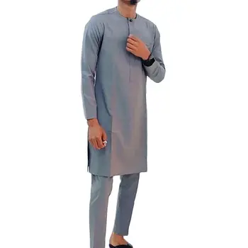 Africa de Moda Gri Bumbac Barbati Set Topuri cu Maneci Lungi Patch Pantaloni Nigerian Stiluri Bărbat Solid, Costume Petrecere, Costume Personalizate