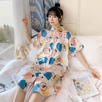 Cămăși de noapte pentru Femei de Desene animate de Imprimare Maneca Scurta Guler de Turn-down Vara Femei Homewear Pijamale Simplu Ulzzang Chic Moda Simplu