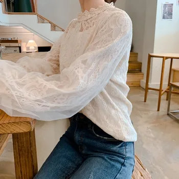 Lanterna cu Maneca Lunga din Dantela pentru Femei Tricou Toamna anului Nou Camisa se Vedea prin Bluza Vintage Femei 2021 Dulce coreean de Top de sex Feminin 10456