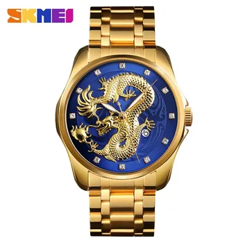 SKMEI de Lux Chineză Dragon de Aur Cuarț Bărbați de Afișare a Datei Mens Ceasuri Impermeabil Ceasuri Relogio Masculino 9193