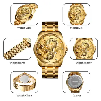 SKMEI de Lux Chineză Dragon de Aur Cuarț Bărbați de Afișare a Datei Mens Ceasuri Impermeabil Ceasuri Relogio Masculino 9193