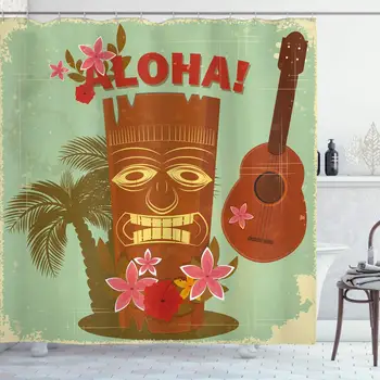 Vintage Hawaii Perdeaua de la Duș, Vechi de Școală Hawaiian Imagine cu Masca de Elemente Florale Chitară și Palmieri, Țesătură Pânză Baie