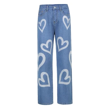 Vintage Inima Tipărite Blugi Largi Femei Talie Mare Harajuku Estetice Mama Blugi Denim Streetwear 90 Pantaloni
