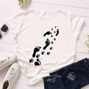 Luslos T-shirt pentru Femei Drăguț Pisică Câine Laba Imprimat cu Maneci Scurte de Vara Tricou de Vara Toamna Doamnelor Harajuku Graphic Tee Topuri