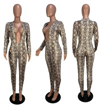 ANJAMANOR Snake Print V Adânc Gât Maneca Lunga Sexy Bodycon Salopeta Clubwear O Bucată de Bandaj Romper Moda 2019 D91-AD44