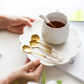 4buc Lingură din Oțel Inoxidabil Set cu Mâner de Ceramică Flori Formă de Gheață Ceai Lingură de Cafea Lingură Desert de Bucătărie Bea Tacamuri