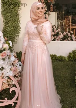YiMinpwp Roz Rochii de Bal O-Neck Maneca Lunga Etaj Lungime Aplicatii Femeile Musulmane Formale Rochie de Seara robe de soirée musulmanes