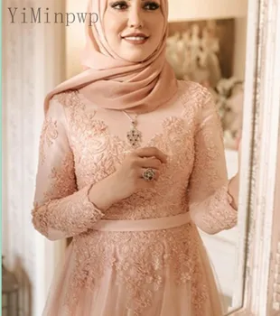 YiMinpwp Roz Rochii de Bal O-Neck Maneca Lunga Etaj Lungime Aplicatii Femeile Musulmane Formale Rochie de Seara robe de soirée musulmanes