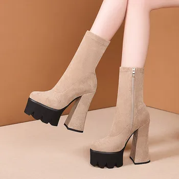 Smeeroon în 2020, cele mai noi cizme elastice femeie super toc inalt platforma pantofi rotund toe toamna iarna sexy petrecere glezna cizme pentru femei