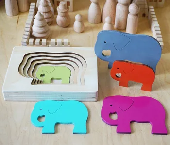 Copii 5 Straturi de Lemn Animale Puzzle Jucărie /Desene animate pentru Copii Puzzle 3D Iepure, Elefant, Păsări, Balene Montessori Puzzle