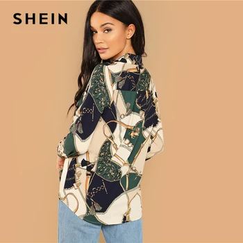 SHEIN Multicolor Mixte de Imprimare Curbate Tiv Bluza Eleganta cu Maneci Lungi V-Neck Cămașă de Moda Femei Toamna anului 2018 Topuri Casual Si Camasi