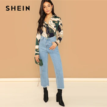 SHEIN Multicolor Mixte de Imprimare Curbate Tiv Bluza Eleganta cu Maneci Lungi V-Neck Cămașă de Moda Femei Toamna anului 2018 Topuri Casual Si Camasi