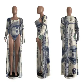 ZOOEFFBB Sexy Dolar de Imprimare de Două Bucata Set Haine pentru Femei Cardigan Lung de Sus și Bodysuit Costum de baie Club, Tinute de Plaja Seturi de Potrivire