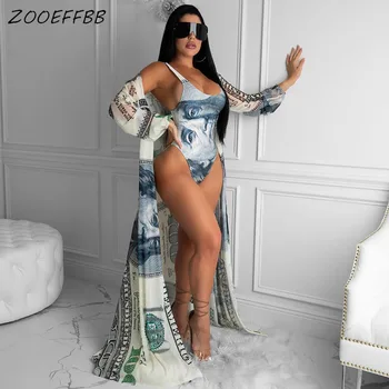 ZOOEFFBB Sexy Dolar de Imprimare de Două Bucata Set Haine pentru Femei Cardigan Lung de Sus și Bodysuit Costum de baie Club, Tinute de Plaja Seturi de Potrivire