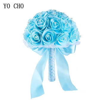 YO CHO Mireasa Buchet de Nunta Artificiale PE Floare Trandafir Fals Perla Buchet Albastru de Onoare Căsătorie Consumabile Nunta Decoratiuni