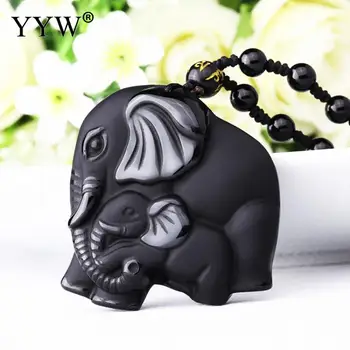 Piatra Naturala Negru Obsidian Sculptate Mama Si Copil Elefant Amuleta Norocoasă Pandantiv Colier Pentru Bărbați Bijuterii Femei Chineze Cadou Handmade