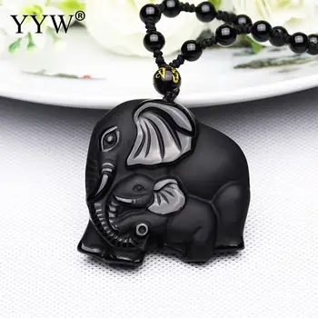 Piatra Naturala Negru Obsidian Sculptate Mama Si Copil Elefant Amuleta Norocoasă Pandantiv Colier Pentru Bărbați Bijuterii Femei Chineze Cadou Handmade