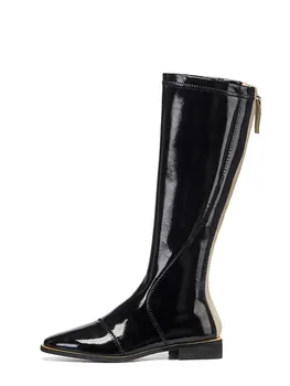 MoonMeek 2020 Nou hot-vânzare de înaltă calitate genunchi ridicat cizme cu toc mic rotund toe simplu doamnelor pantofi de piele de brevet de iarnă cizme pentru femei