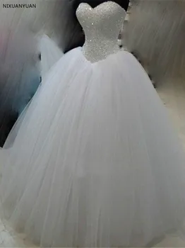 Poze reale Princess Alb Fildeș Tul Rochie de Bal Rochie de Mireasa 2021 Margele Iubita Rochie de Mireasa vestido de noiva