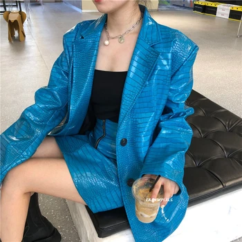 Coreean Primavara Toamna anului 2020 Nouă Femei Albastru strălucitor Pu geaca de Piele femei plus Dimensiune costum cu Maneci Lungi strat Liber de Moda Valul PY199