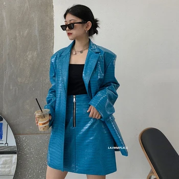 Coreean Primavara Toamna anului 2020 Nouă Femei Albastru strălucitor Pu geaca de Piele femei plus Dimensiune costum cu Maneci Lungi strat Liber de Moda Valul PY199