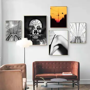 Stil Retro, Negru Și Alb Pod Postere Si Printuri Peisaj Perete Fotografie Apus De Soare De Artă Panza Pictura Poze Decor Acasă