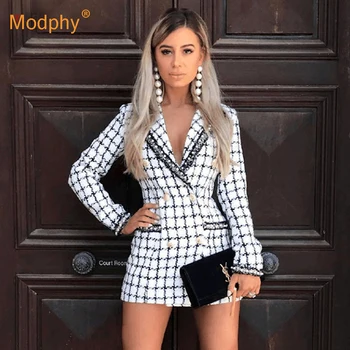 2019 Iarna Noua Moda Femei Trenci ofițeresc Sexy cu Maneci Lungi două rânduri Carouri Slim Haine de Club Celebrity Party Haina Vestidos