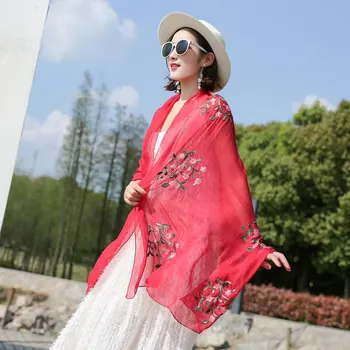 2020 Moda Eșarfă Stil Național Șifon Eșarfă de Mătase Florale Embroideried SunProtection Șal Eșarfe Femei hijab esarfa fular